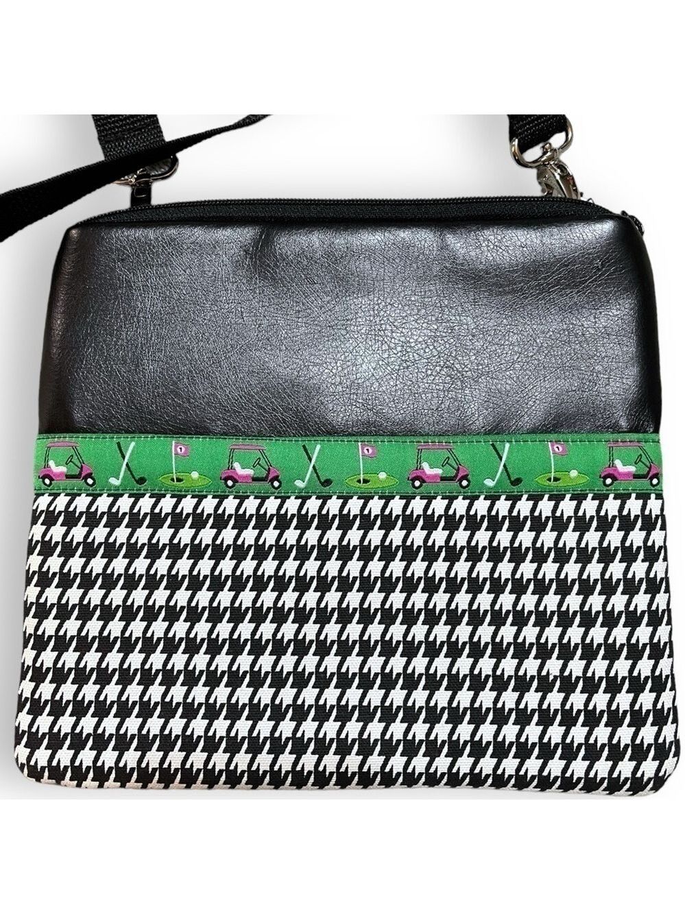 Handmade Cross-Body Golf-Themed Bag, 9”W x 8”H, Black and White Houndstooth